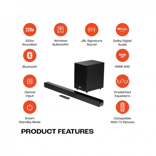 JBL Cinema SB271, Dolby Digital Soundbar with Wireless Subwoofer for Extra Deep Bass, 2.1 Channel Home Theatre with Remote, HDMI ARC, Bluetooth & Optical Connectivity (220W)