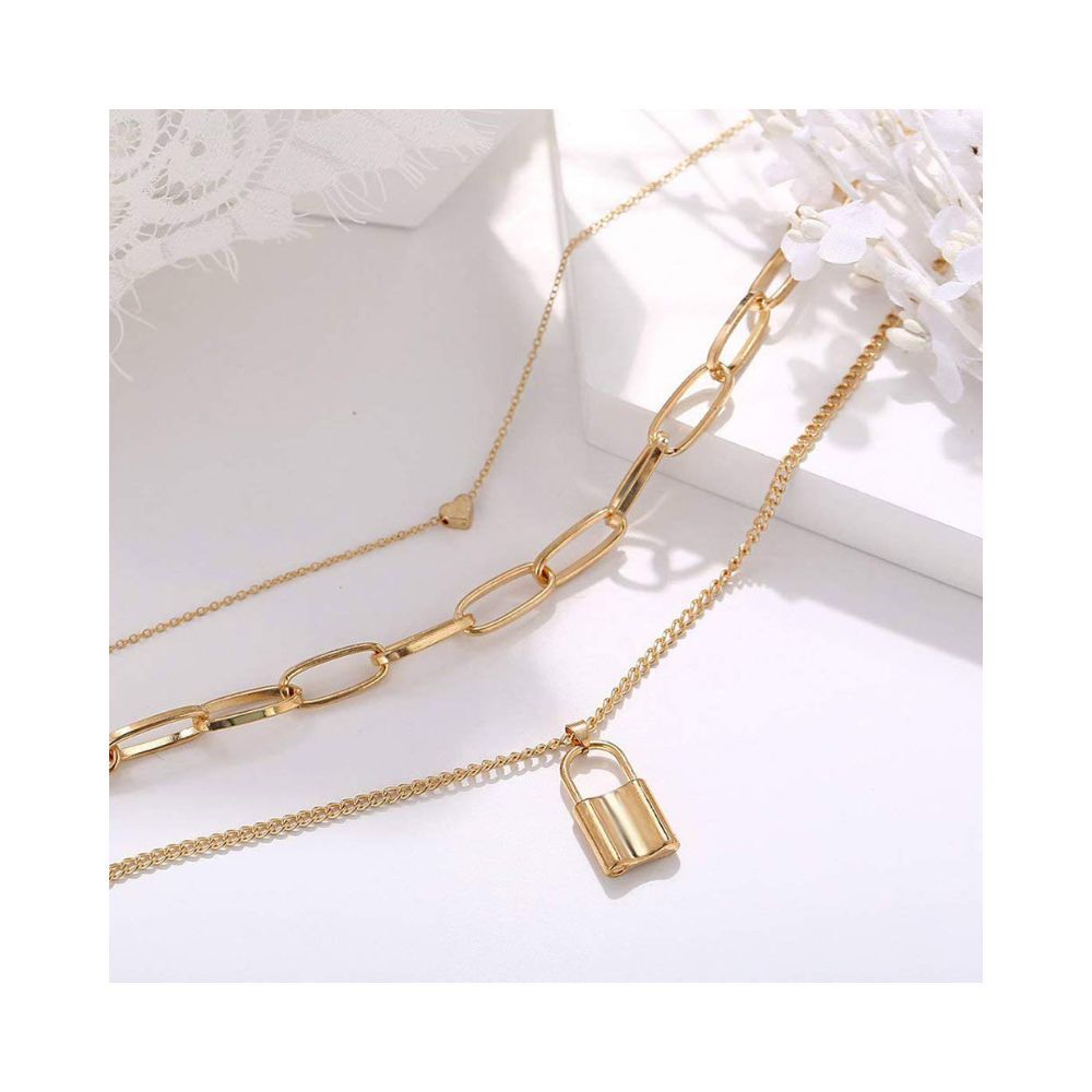 Jewels Galaxy Gold Plated Trending Lock Inspired Layered Necklace Set for Women
