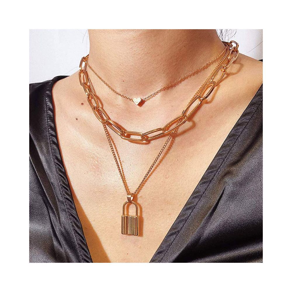Jewels Galaxy Gold Plated Trending Lock Inspired Layered Necklace Set for Women