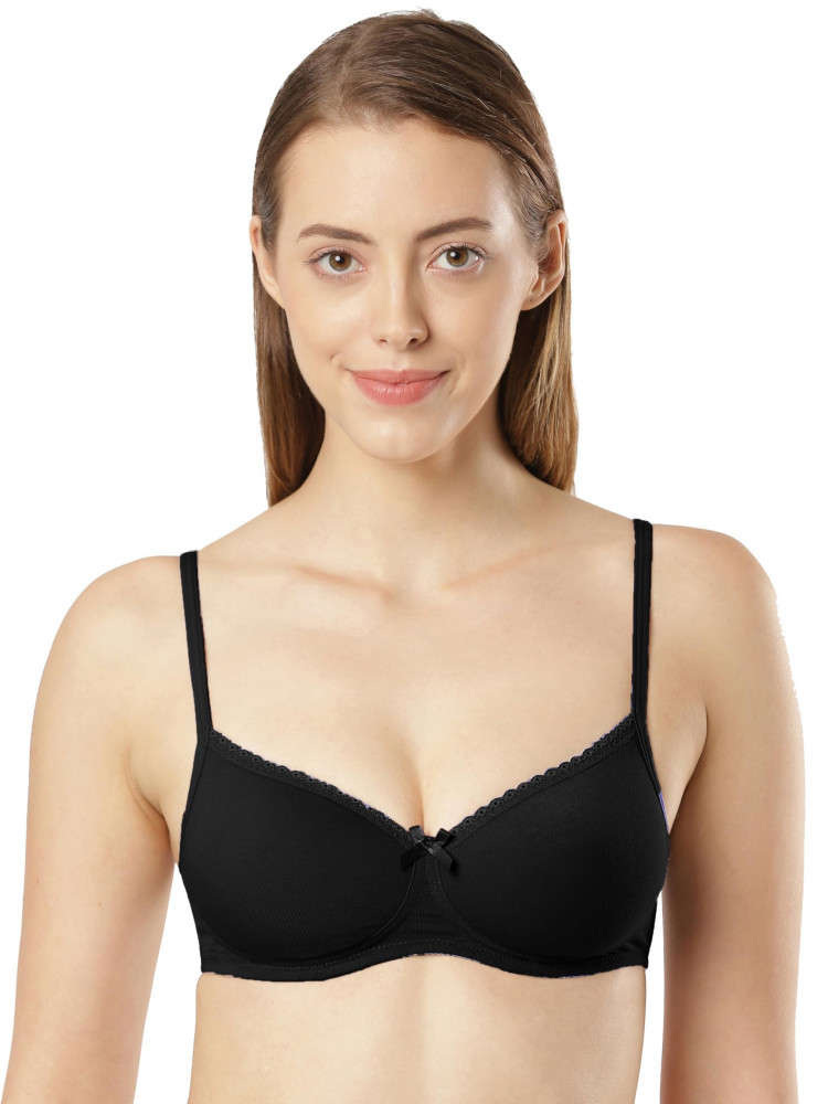 Jockey 1723 Women's Wirefree Padded Super Combed Cotton Elastane Stretch  Medium Coverage Lace Styling T-Shirt Bra with Adjustable Straps_Black_32C, Size-36B