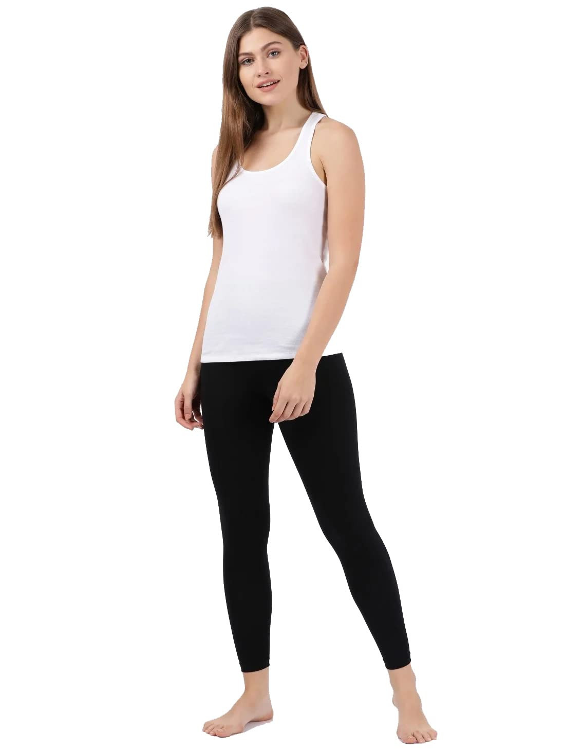 Jockey Women's Slim Fit Cotton Blend Leggings With Concealed Elastic Band  (AW87_Black_S_Off White_S),Size-FREE SIZE