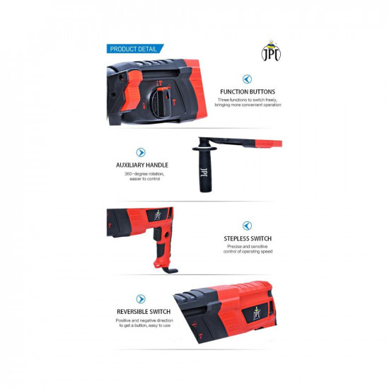 JPT 1050W 26MM Corded Variable Speed Sds-Plus Concrete/Masonry Rotary Hammer/Chipping Drill with Carrying Case, Blue;Black