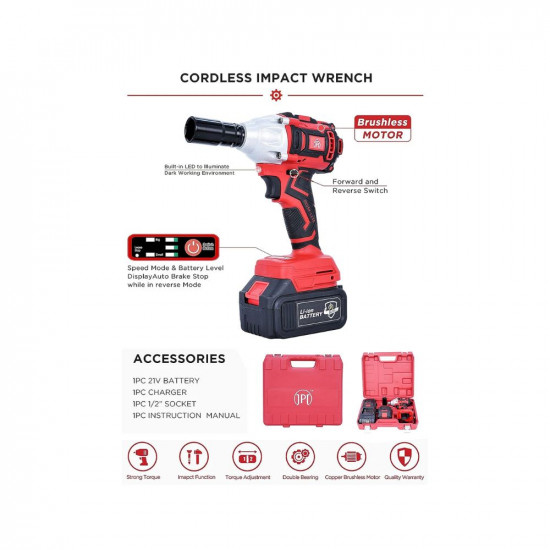 JPT Heavy Duty 21V Cordless Impact Wrench with 2 Batteries, Hex end