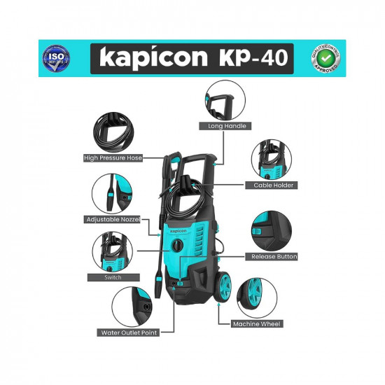 Kapicon KP-40 High Pressure Car Washer Machine, Motive Power 2000 watt and max Pressure 150-180 bar with Cyan Blue Colour. (Updated Model)