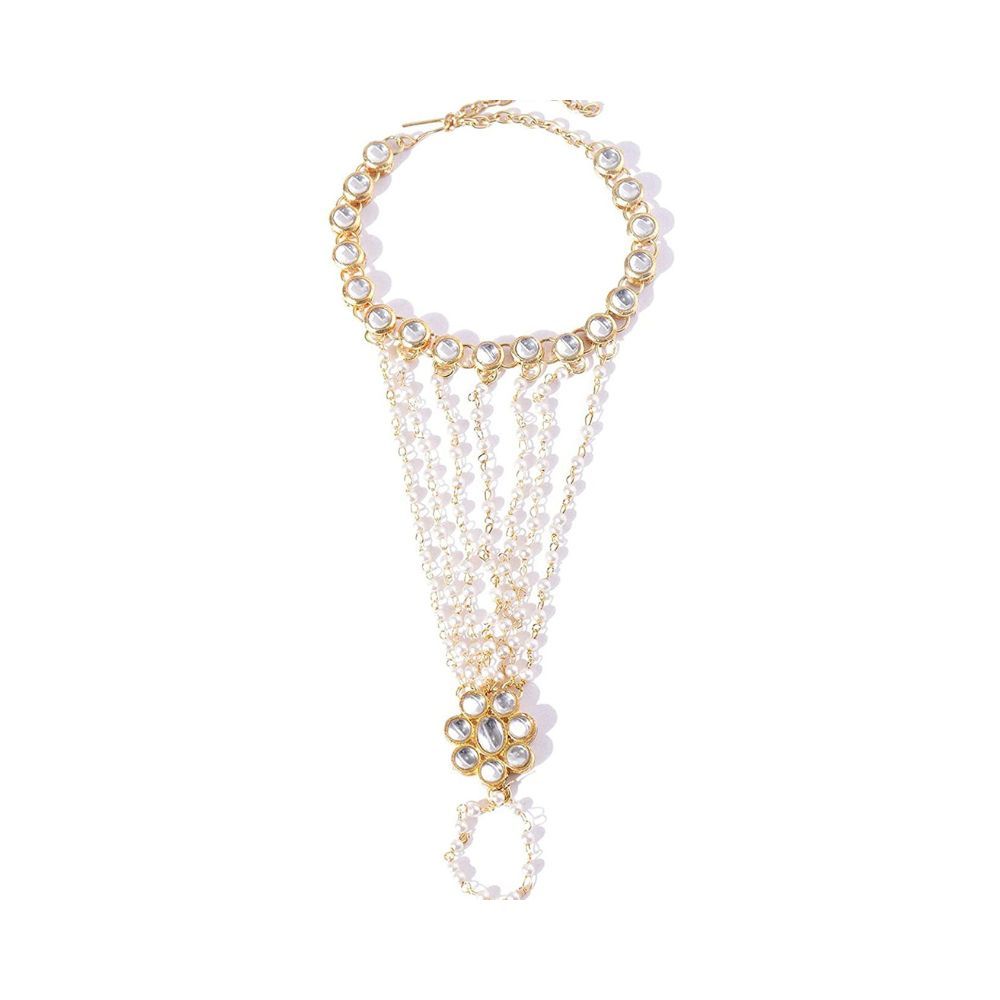 karatcart Gold Plated Kundan Pearl Chain Hathphool for Women