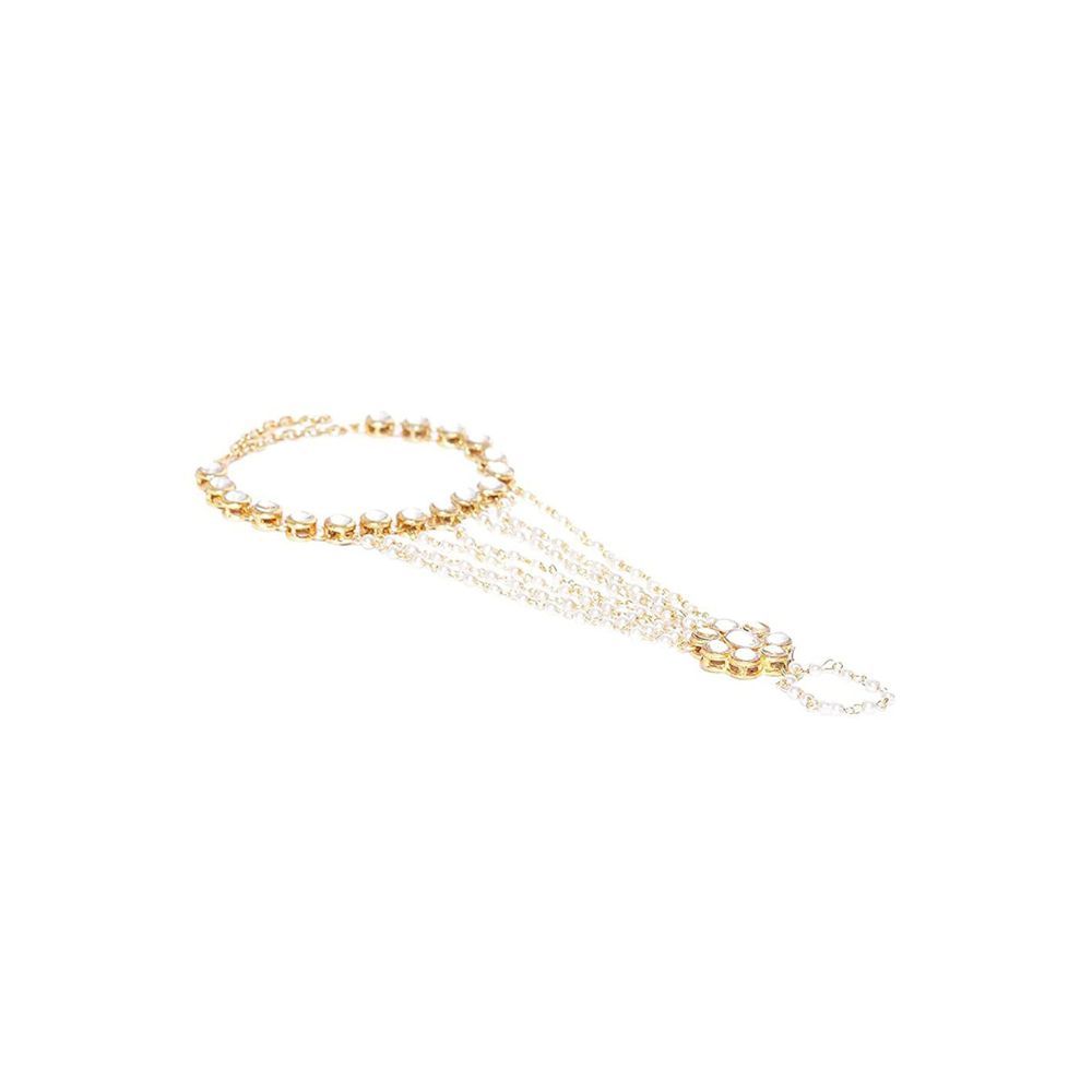 karatcart Gold Plated Kundan Pearl Chain Hathphool for Women