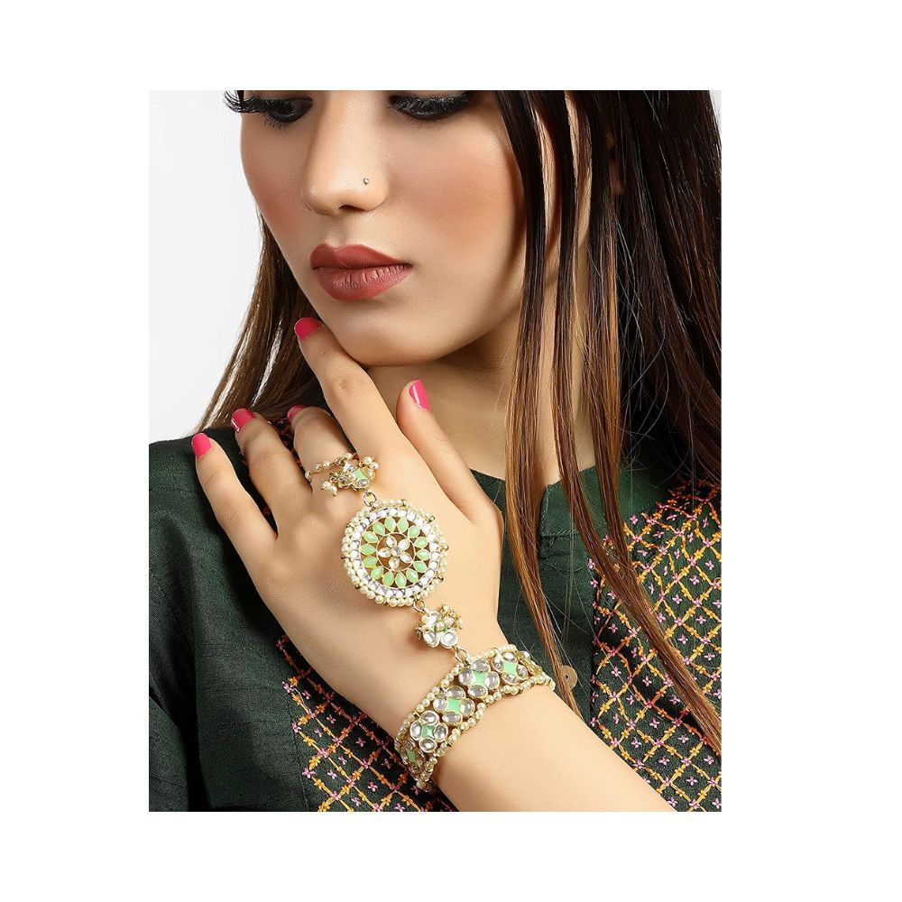 Karatcart Gold Plated Lime Green Meena Work Kundan Hathphool