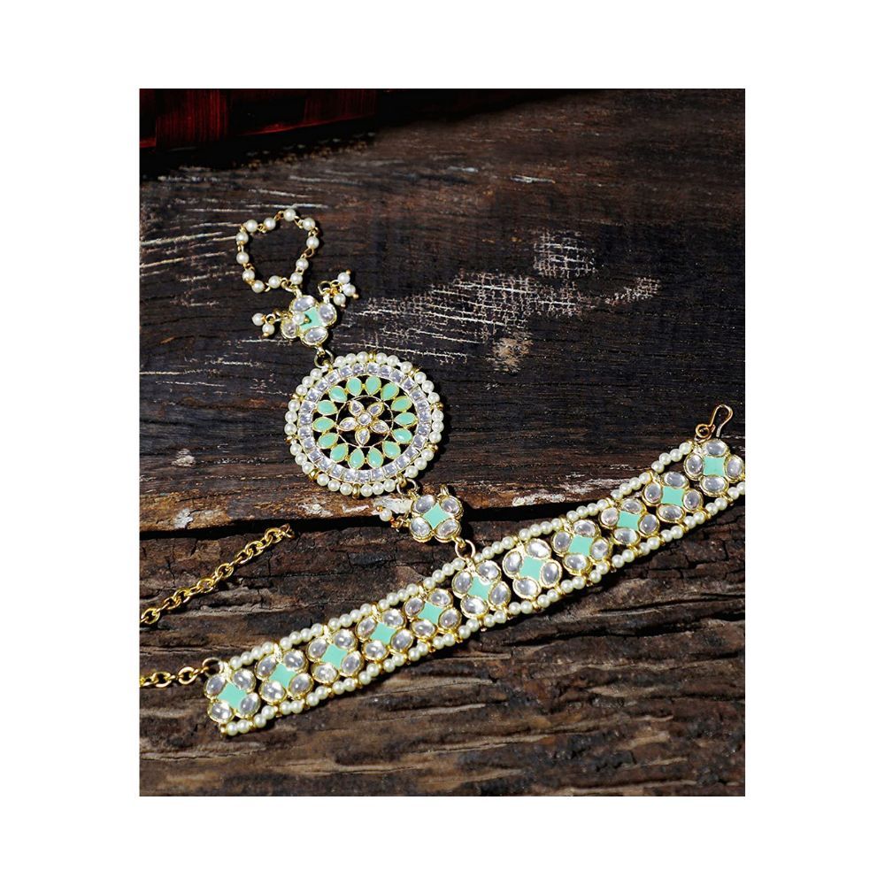 Karatcart Gold Plated Lime Green Meena Work Kundan Hathphool