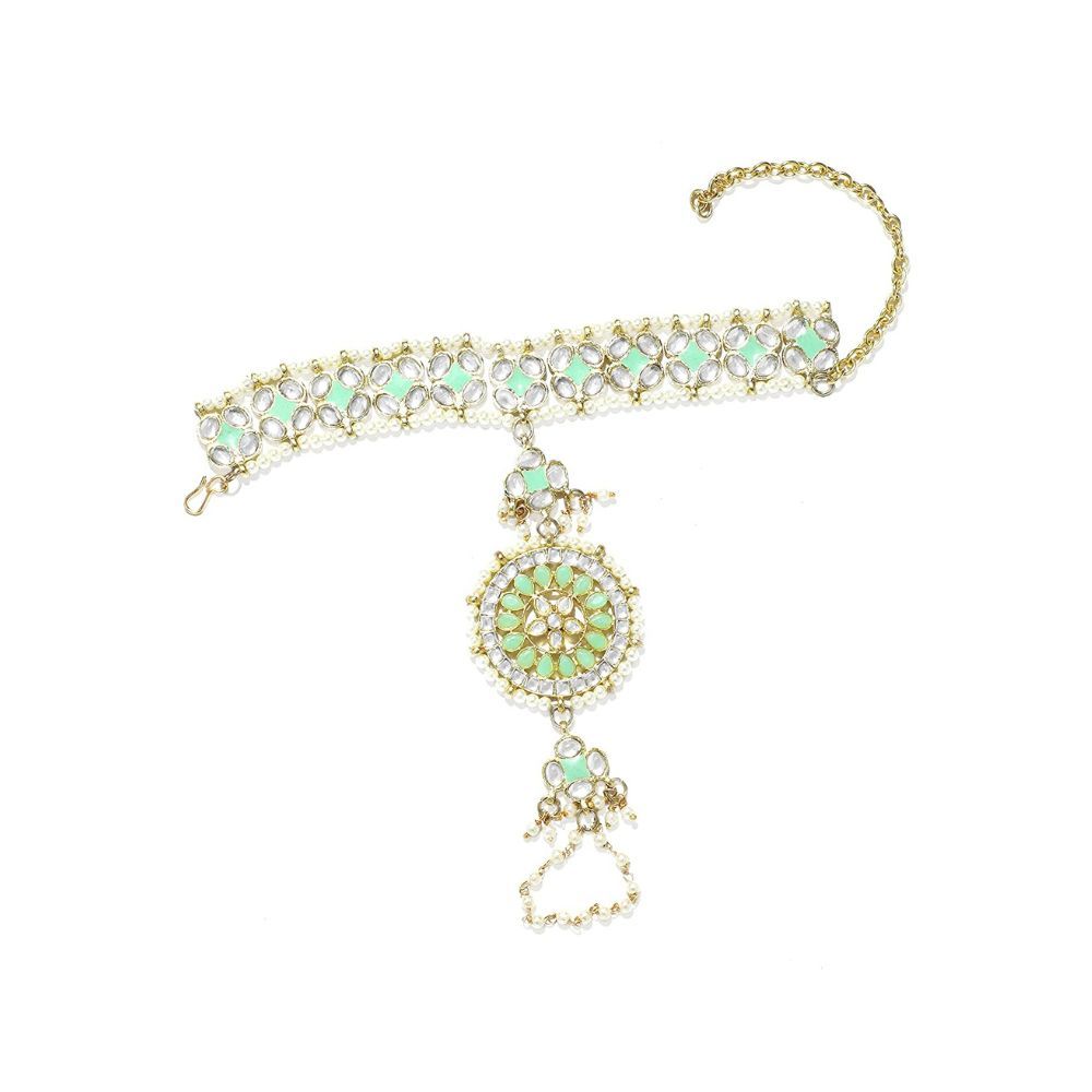 Karatcart Gold Plated Lime Green Meena Work Kundan Hathphool