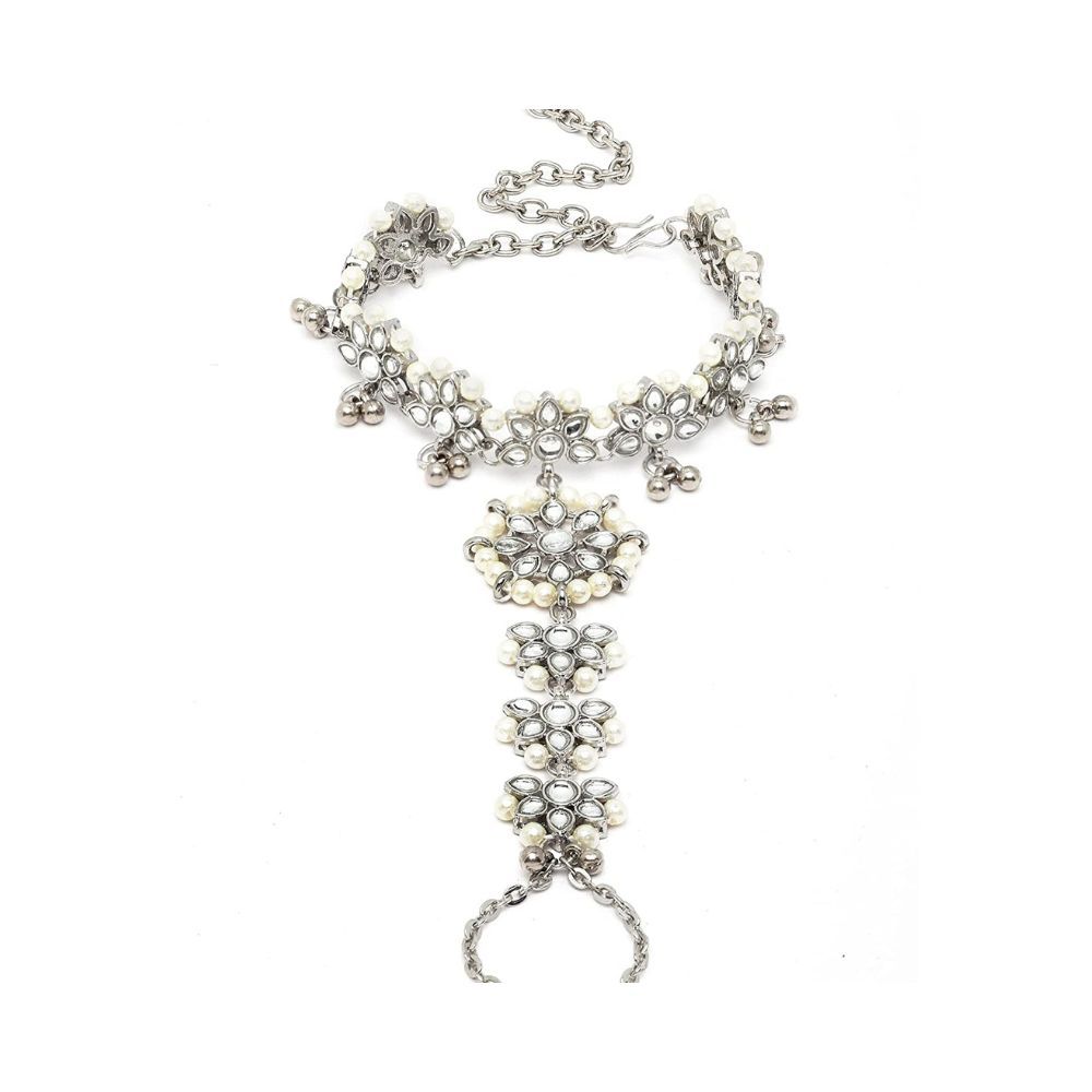 Karatcart Oxidised Silver Floral Kundan Handcrafted Hathphool