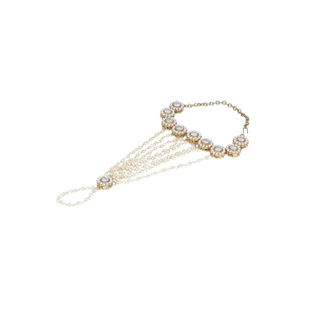 Karatcart Women's Kundan and Pearl Stone Hathphool (White)