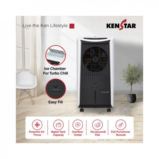 Kenstar Tall Boy HC 70 RE Desert Air Cooler for Home - Honeycomb Cooling Pads, Humidity Control (70L, 170 Watts) BLACK & WHITE