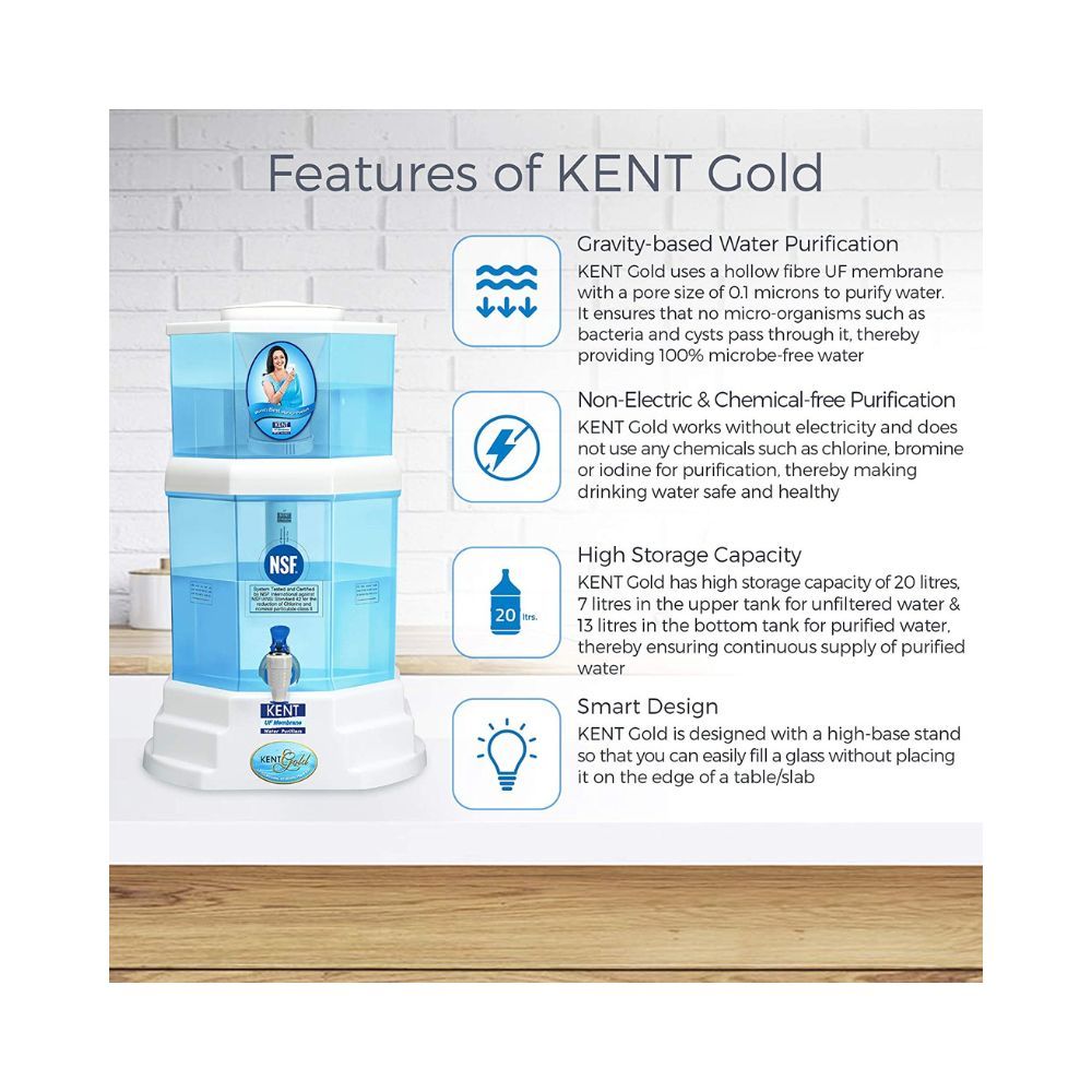 KENT GOLD (11014) 20 L Gravity Based + UF Water Purifier (White & Blue)