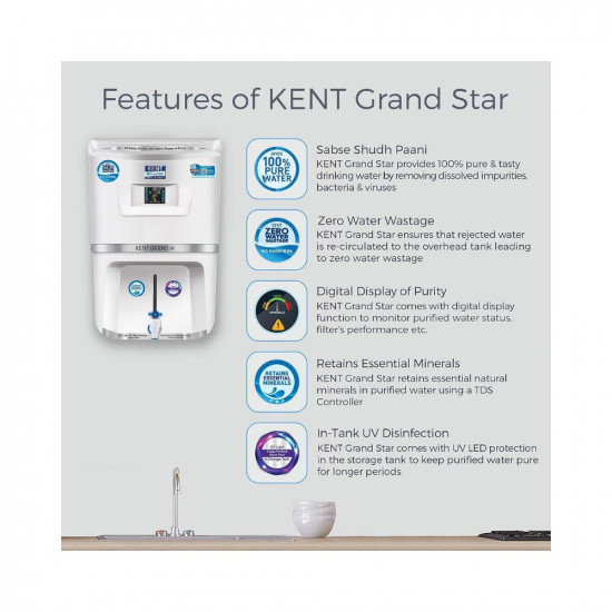 KENT Grand Star RO+UV+UF TDS Control Water Purifier 9 L