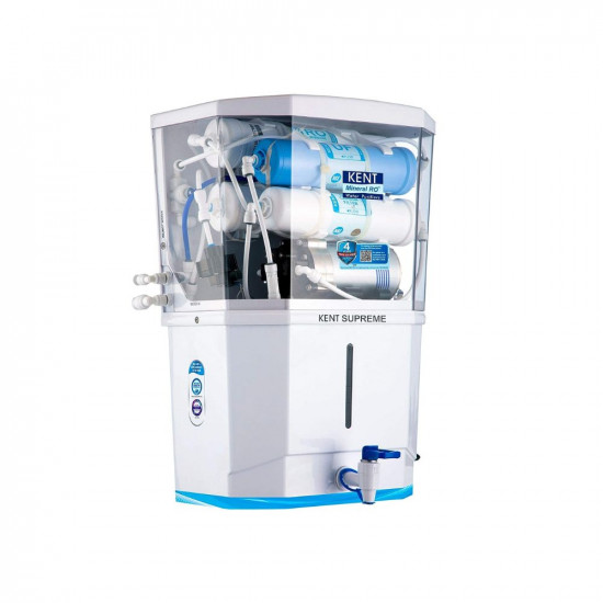 KENT Supreme RO Water (11111) | RO+UF+TDS Control+UV in Tank | Wall Mountable | Patented Mineral RO Technology| 8L Storage | 20 L/hr Output | White