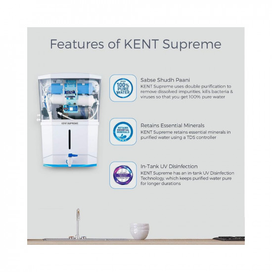 KENT Supreme RO Water (11111) | RO+UF+TDS Control+UV in Tank | Wall Mountable | Patented Mineral RO Technology| 8L Storage | 20 L/hr Output | White