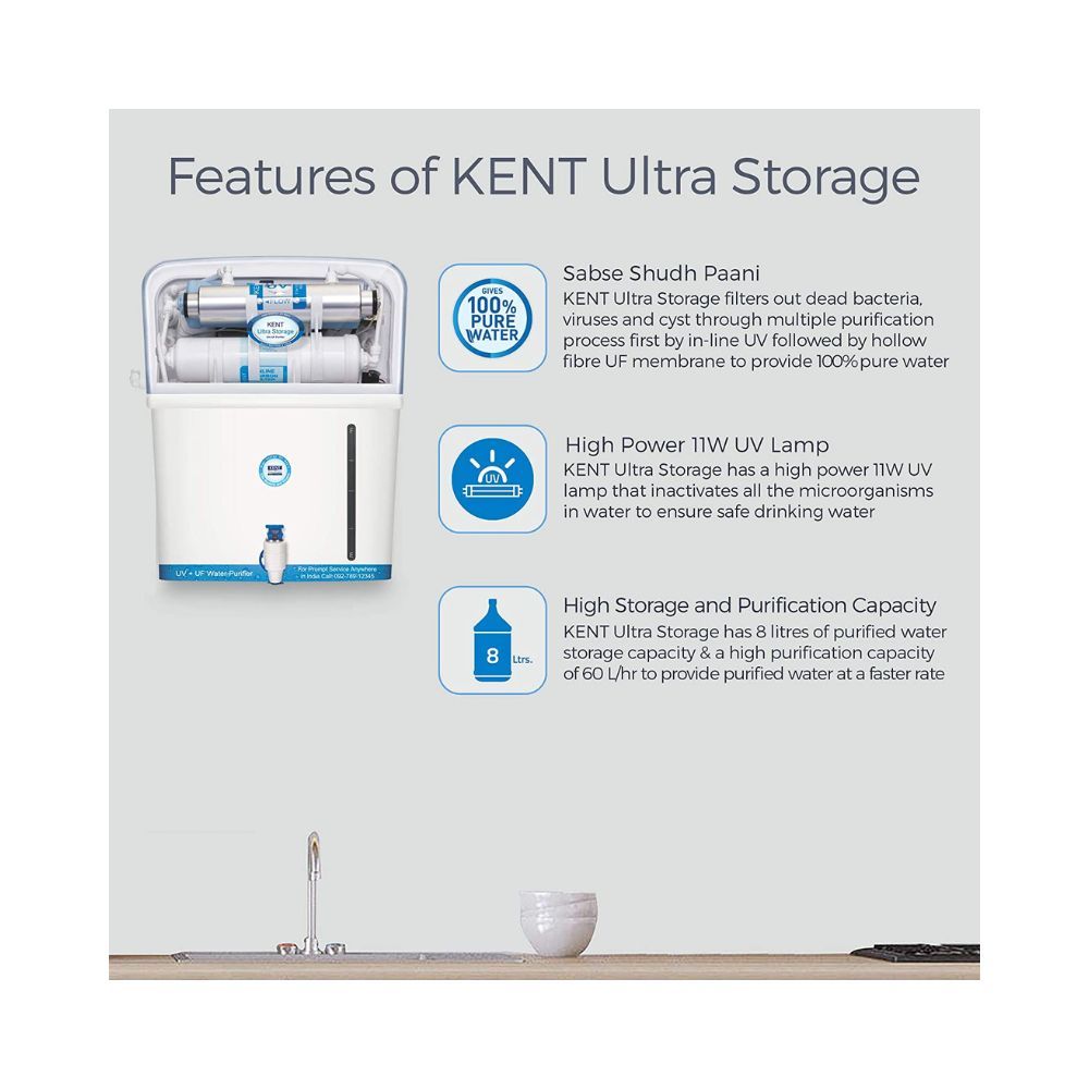 KENT Ultra Storage UV Water Purifier (11042) | UV+UF Water Purification | Wall Mountable | 8L Storage | 60 L/hr Output | White (Not suitable for Borewell or Tanker Water)