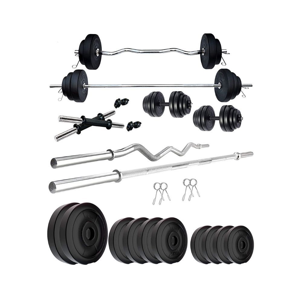 Kore Plastic PVC 50 Kg Home Gym Set with One 5 ft Plain + One 3 ft Curl Rod and One Pair Dumbbell Rods