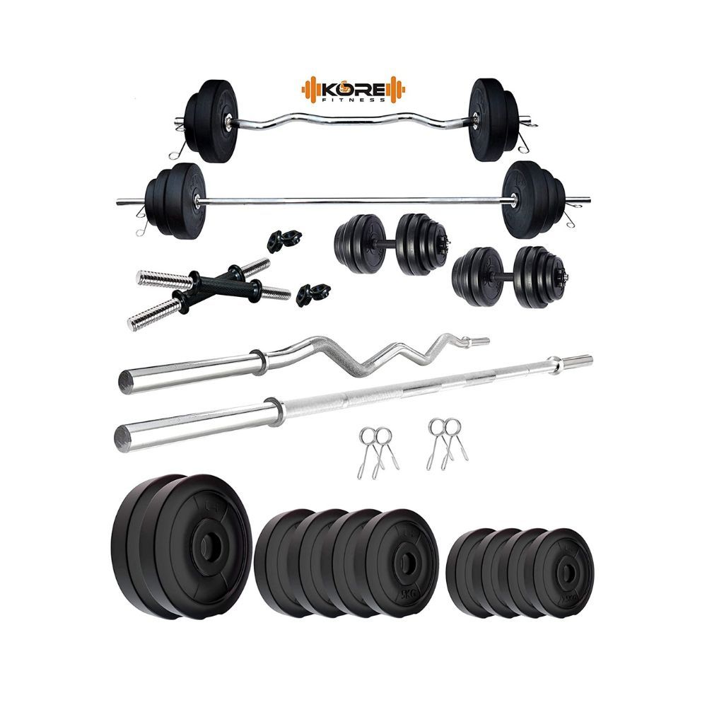 Kore Plastic PVC 50 Kg Home Gym Set with One 5 ft Plain + One 3 ft Curl Rod and One Pair Dumbbell Rods
