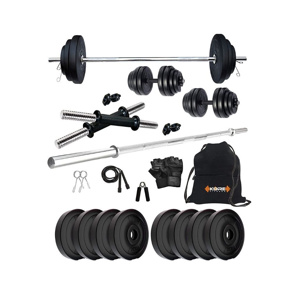 Kore PVC 10-50 Kg Home Gym Set with One 4 Ft Plain and One Pair Dumbbell Rods with Gym Accessories