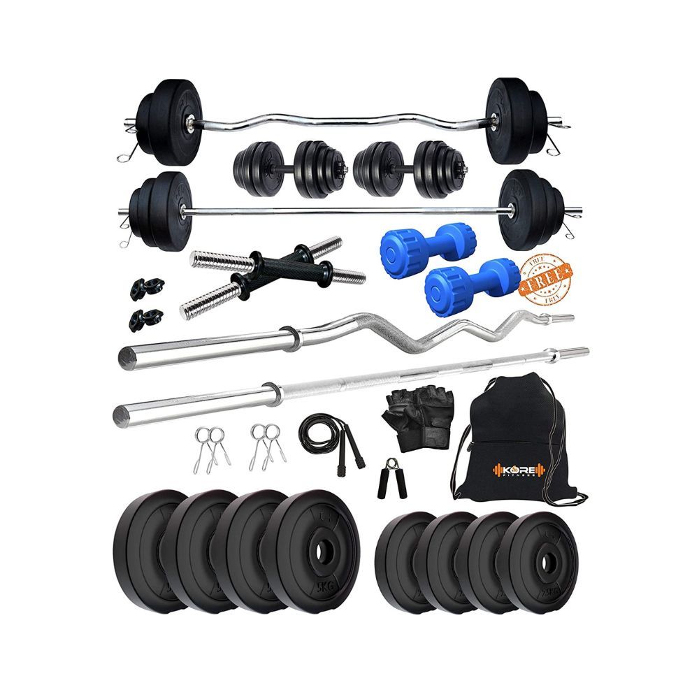 Kore PVC 30 Kg Combo 343 with PVC Adjustable Dumbbells Home Gym Kit, Multicolour