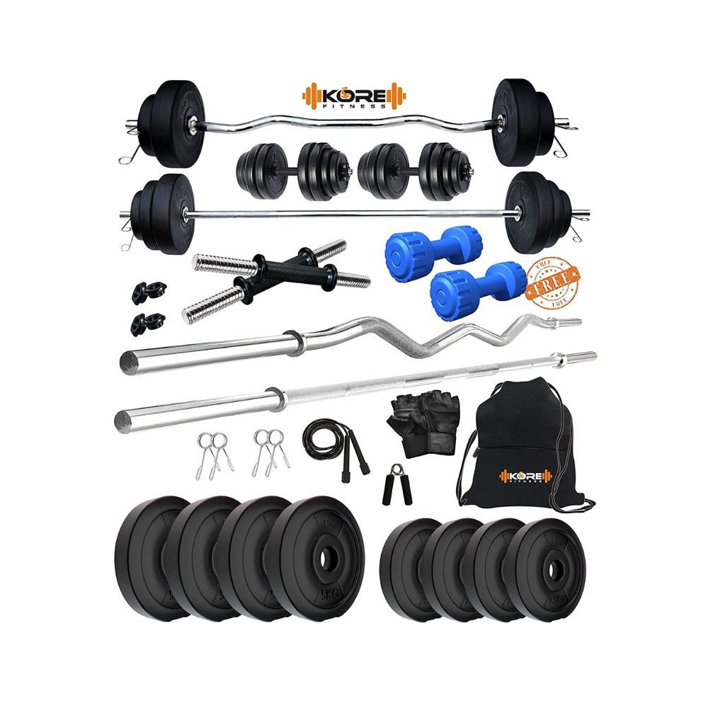 Kore PVC 30 Kg Combo 343 with PVC Adjustable Dumbbells Home Gym Kit, Multicolour