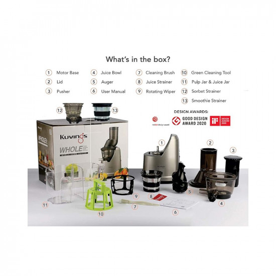 Kuvings B1700 Dark Silver Professional Cold Press Whole Slow Juicer with Smoothie & Sorbet Attachments Included 12 Years Warranty All-in-1 Fruit & Vegetable Juicer