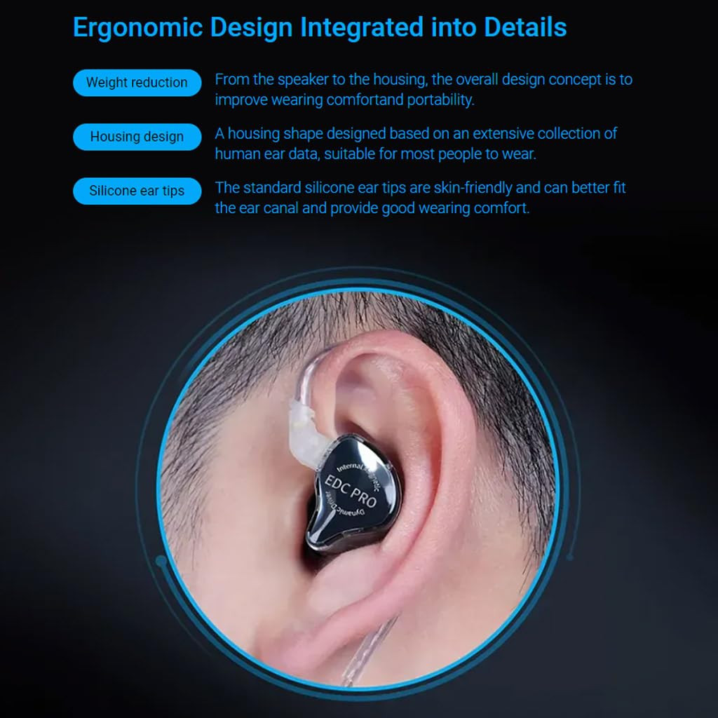 KZ EDC PRO IEM Wired Earphone HiFi Dynamic Driver DD IEM High-Functioning Silver-Plated OFC Cable 075mm Detachable Cable 35mm Plug for Audiophiles  Musicians Black