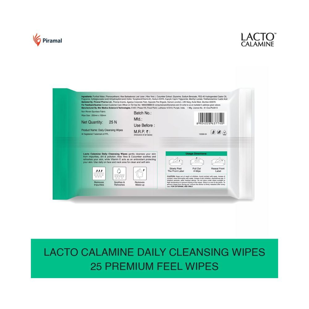 Lacto Calamine Daily Cleansing Face Wipes with Aloe Vera,Vitamin E, White, Pack of 2, 50 Count