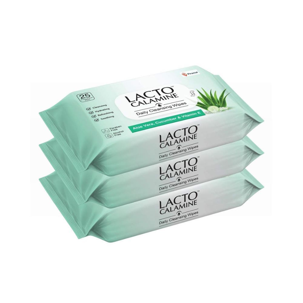 Lacto Calamine Daily Face Cleansing Wipes with Aloe Vera,White, Pack of 3, 75 Count