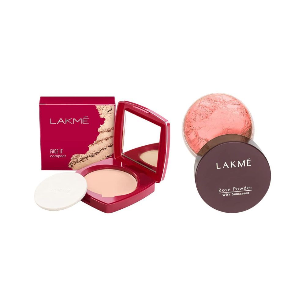 LAKMÃ Face It Compact, Pearl, 9 g & Lakme Rose Loose Face Powder with Sunscreen