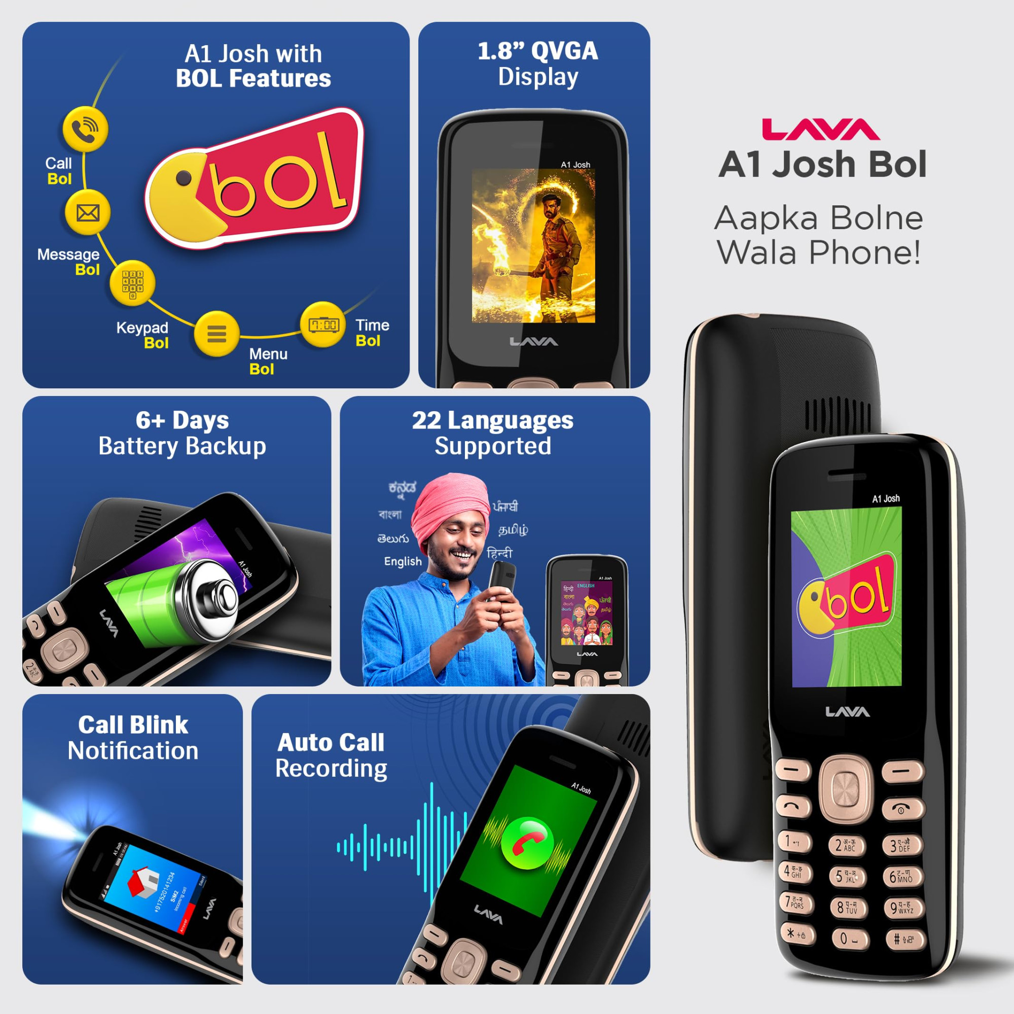 Lava A1 Josh with BOL Feature Dual Sim Keypad Mobile Phone  Long-Lasting Battery 22 Launguages Read Support  Auto Call Recording  Call Blink Notification Black Gold