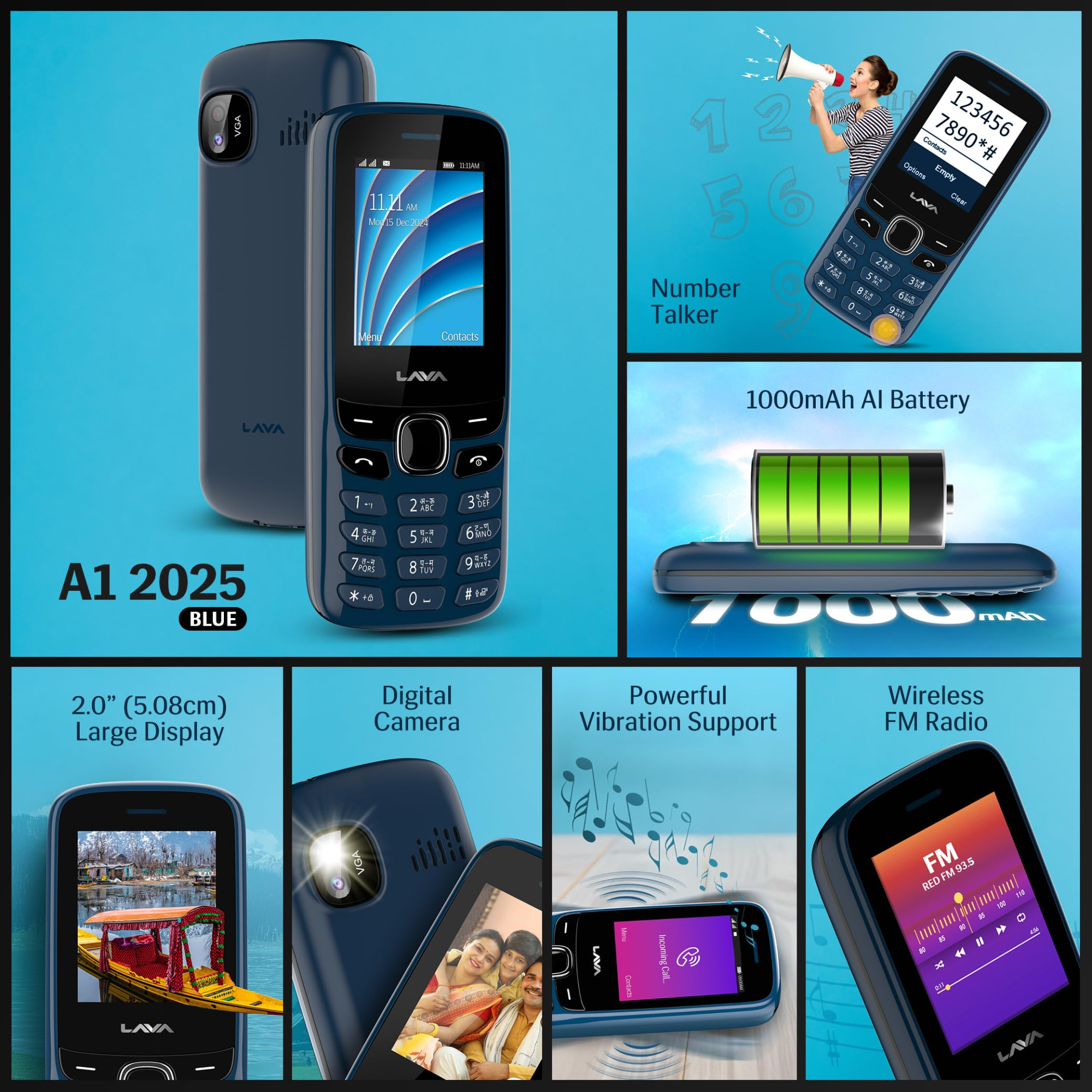 Lava A1 Vibe 2025 Dual SIM Keypad Phone with 2 Big Display  Long-Lasting AI Battery  Vibration Alert  FM Radio  MP3 Player  Military-Grade Durability  Blue