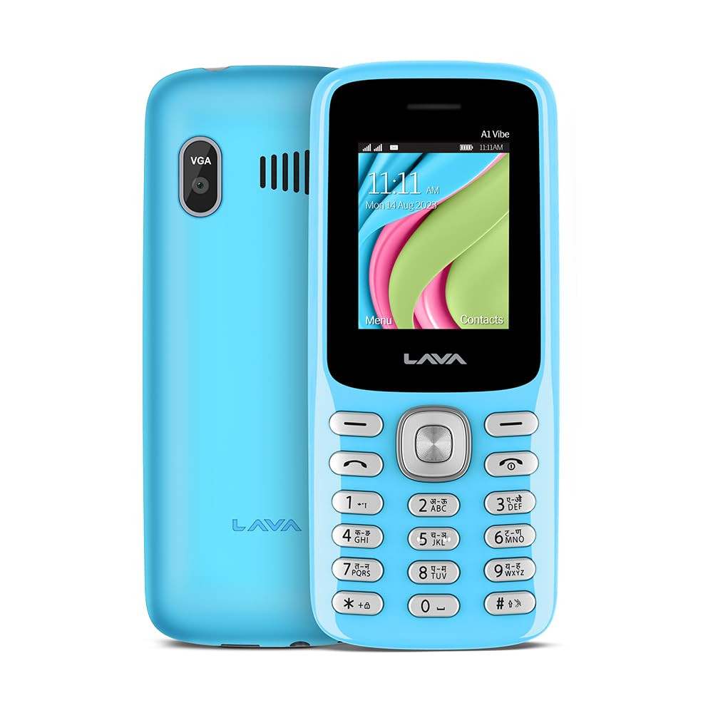 Lava A1 Vibe Dual Sim Keypad Mobile Phone with Vibration Alert  18 Large Display  AI-Powered 1000 mAh Battery  Number Talker  Military Grade Body  Call Blink Notifications Candy Blue