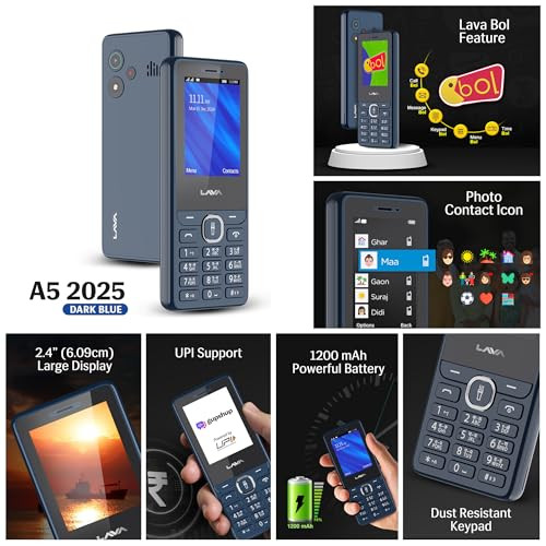 Lava A5 2025 Dual SIM Keypad Mobile with 24 Big Display  UPI Support 1200mAh Battery  BOL Feature  Camera  Auto Call Recording  Glass Finish  and 7 Regional Languages - Dark Blue