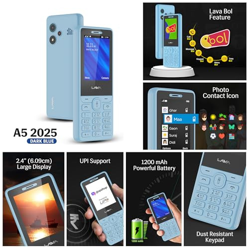 Lava A5 2025 Dual SIM Keypad Mobile with 24 Big Display  UPI Support 1200mAh Battery  BOL Feature  Camera  Auto Call Recording  Glass Finish  and 7 Regional Languages - Blue