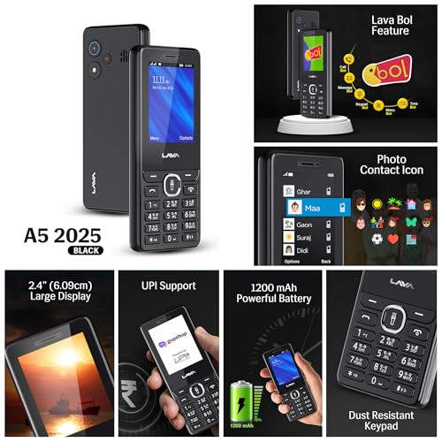 Lava A5 2025 Dual SIM Keypad Mobile with 24 Big Display  UPI Support 1200mAh Battery  BOL Feature  Camera  Auto Call Recording  Glass Finish  and 7 Regional Languages - Black