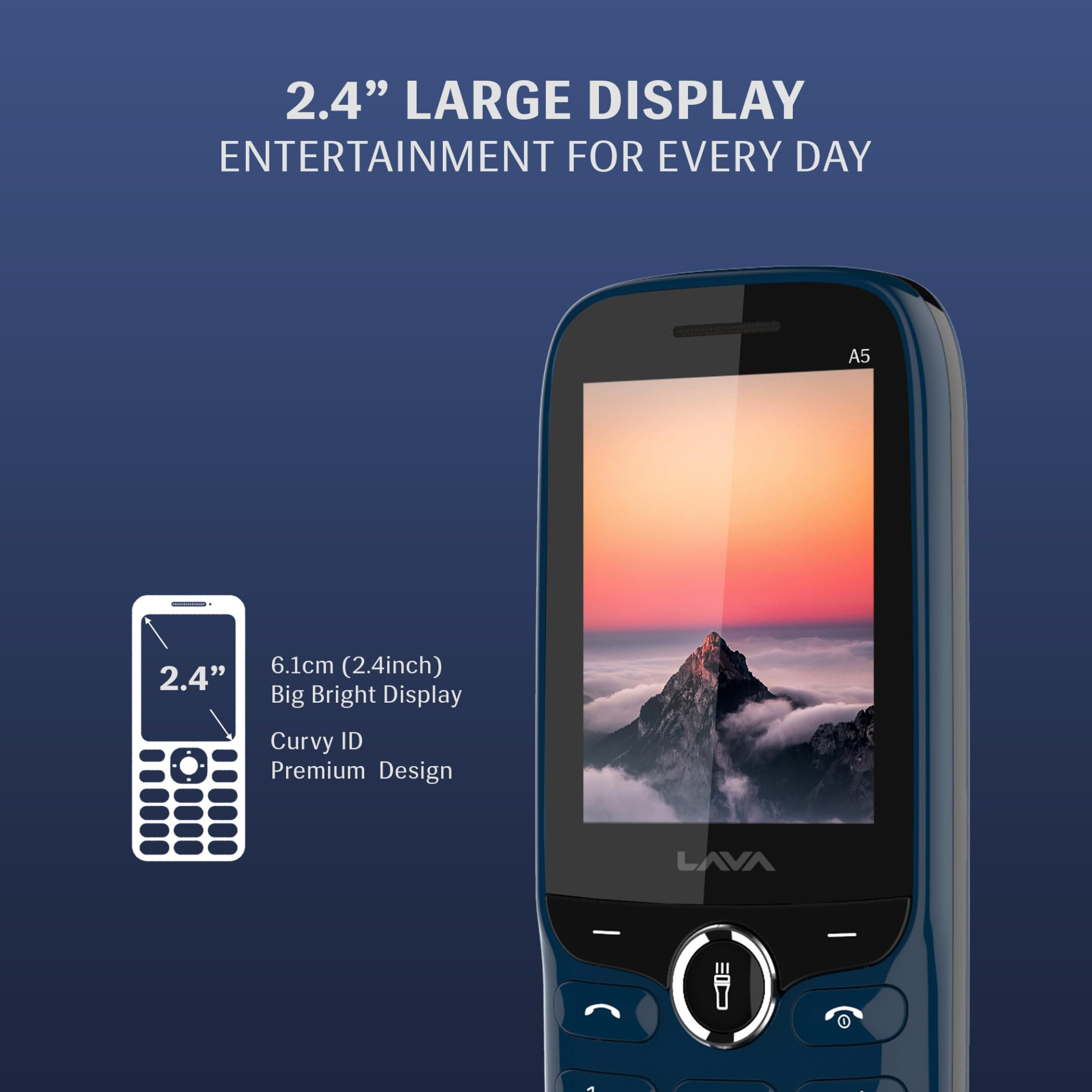 Lava A523 Dual Sim Keypad Mobile Phone with Camera  Duo LED Torch  24 Large Display - Big Icons  Auto Call Recording  Loud Speaker  Number Talker Long Battery Life Blue