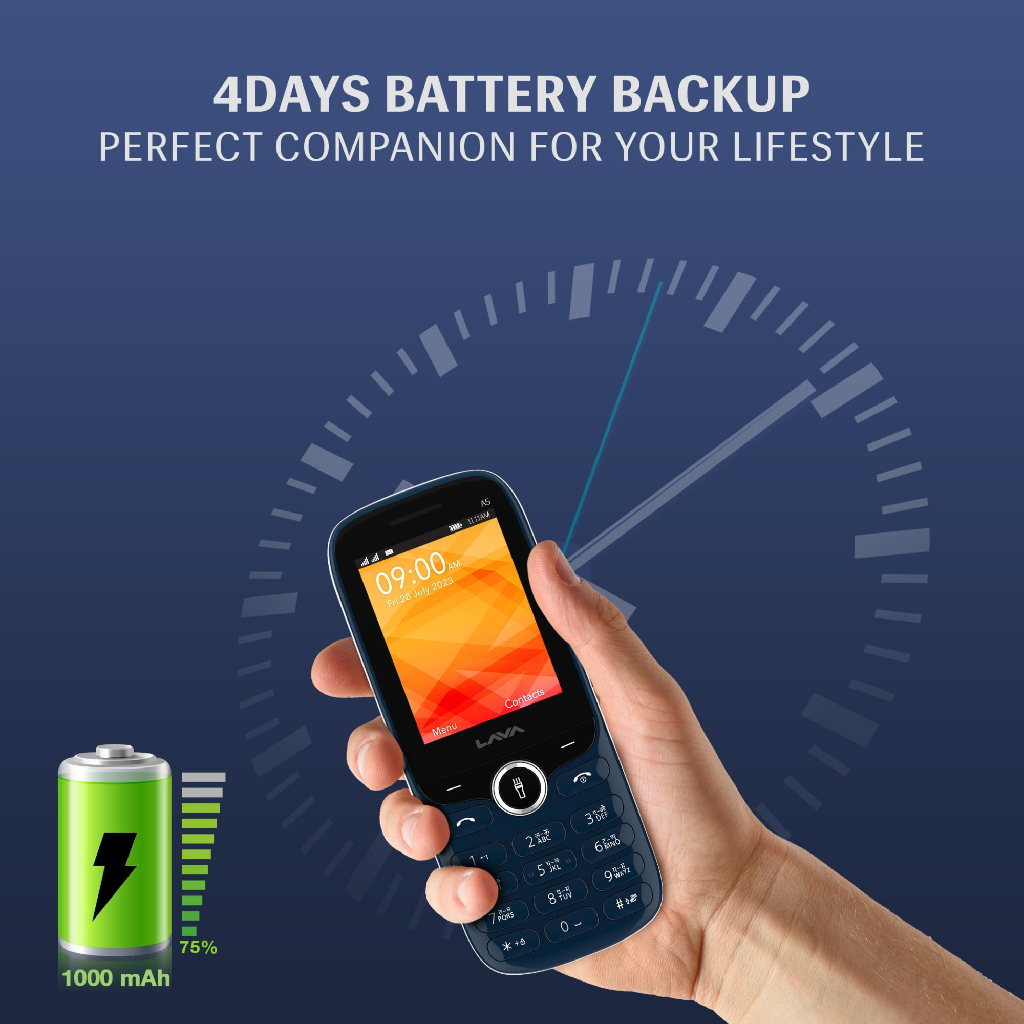 Lava A523 Dual Sim Keypad Mobile Phone with Camera  Duo LED Torch  24 Large Display - Big Icons  Auto Call Recording  Loud Speaker  Number Talker Long Battery Life Blue