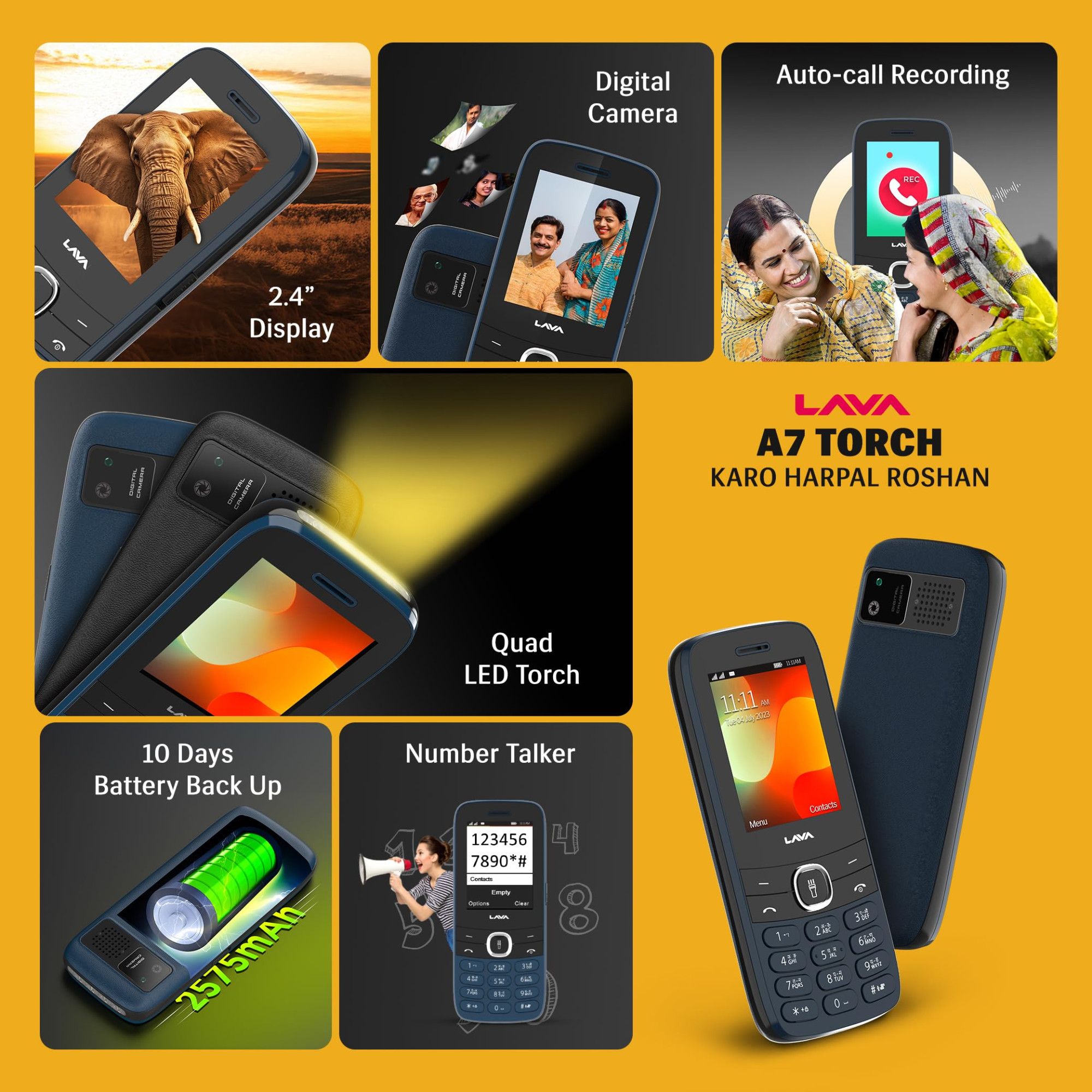 Lava A7 Torch Dual Sim Keypad Mobile Phone with Instant Slide Torch 24 Big Display  Powerful Battery Backup  Vibration Alert  Camera  Wireless FM  Bluetooth  Blue