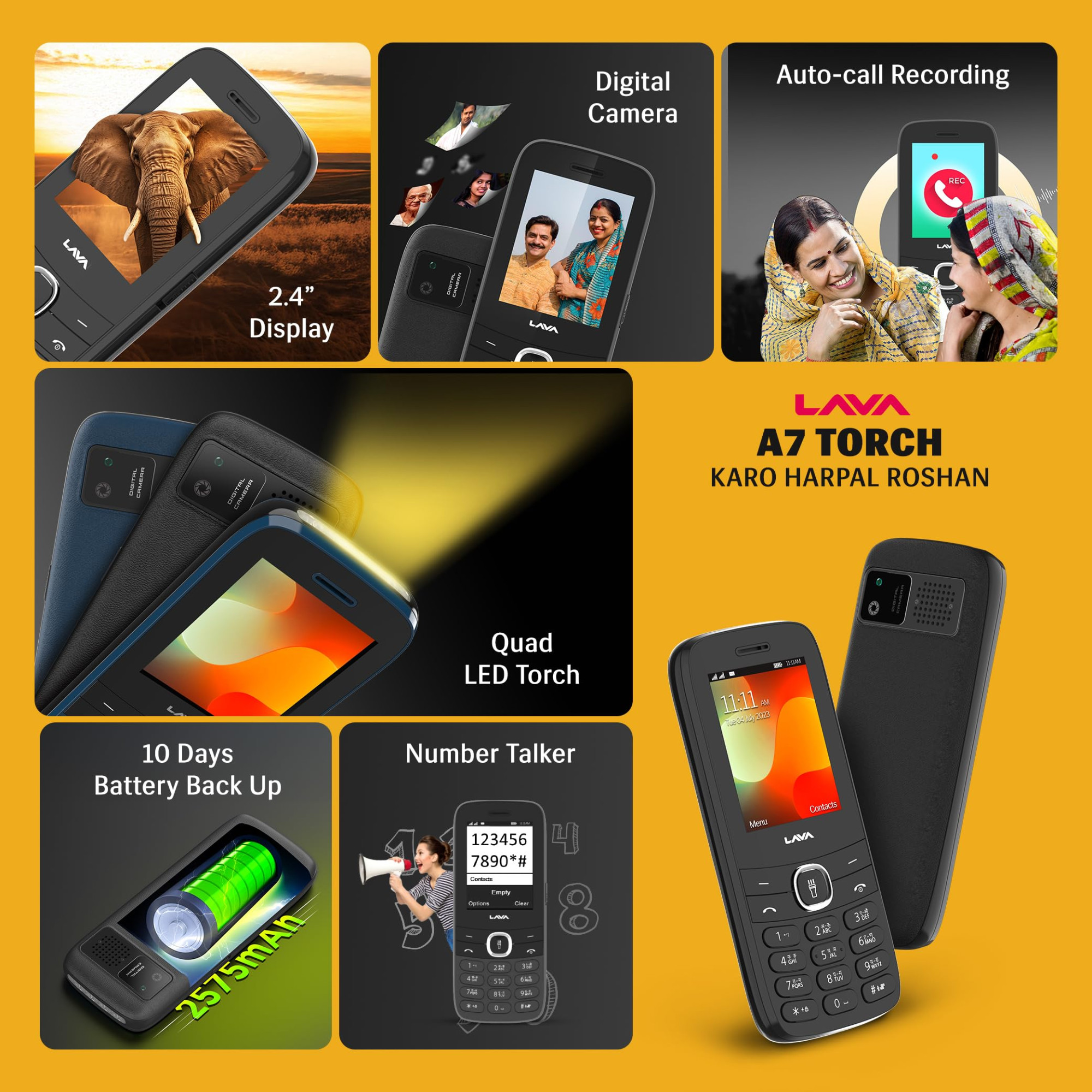 Lava A7 Torch Dual Sim Keypad Mobile Phone with Instant Slide Torch 24 Big Display  Powerful Battery Backup  Vibration Alert  Camera  Wireless FM  Bluetooth  Black