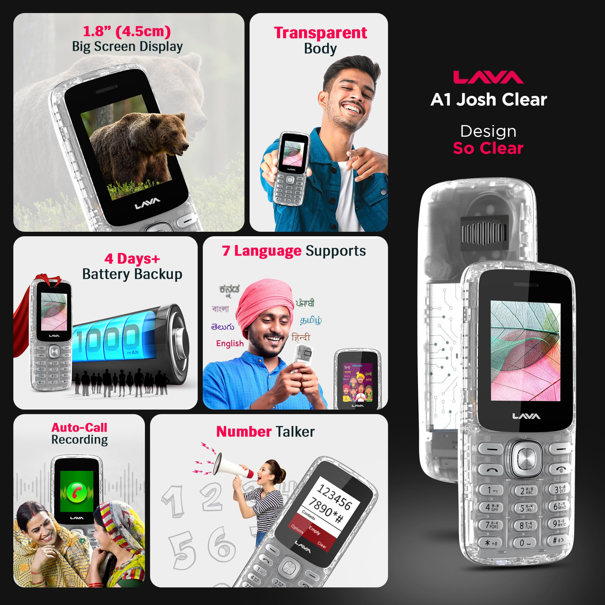 Lava All-New A1 Josh Clear Keypad Mobile Phone with BOL Feature  Upto 11 Days of Battery Backup Message Speak  Auto Call Recording  22 Launguages Read Support  Call Blink Notification  Clear
