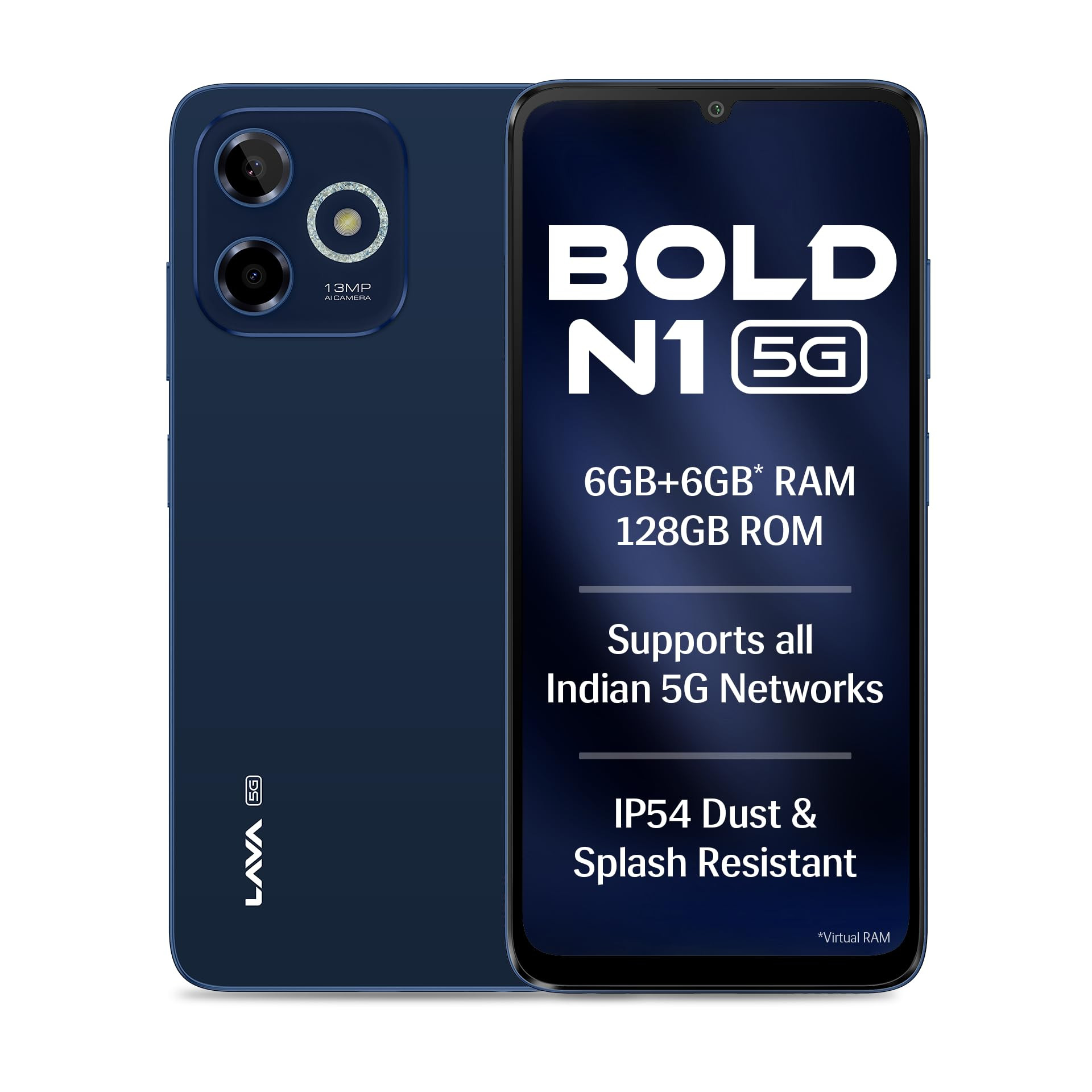 Lava Bold N1 5G Royal Blue 6GB RAM 128GB Storage Bigger 675 HD Notch Display  Octacore 5G Processor  13 MP AI Camera 5000 mAh Battery IP54 Rated Dust  Water Splash Proof