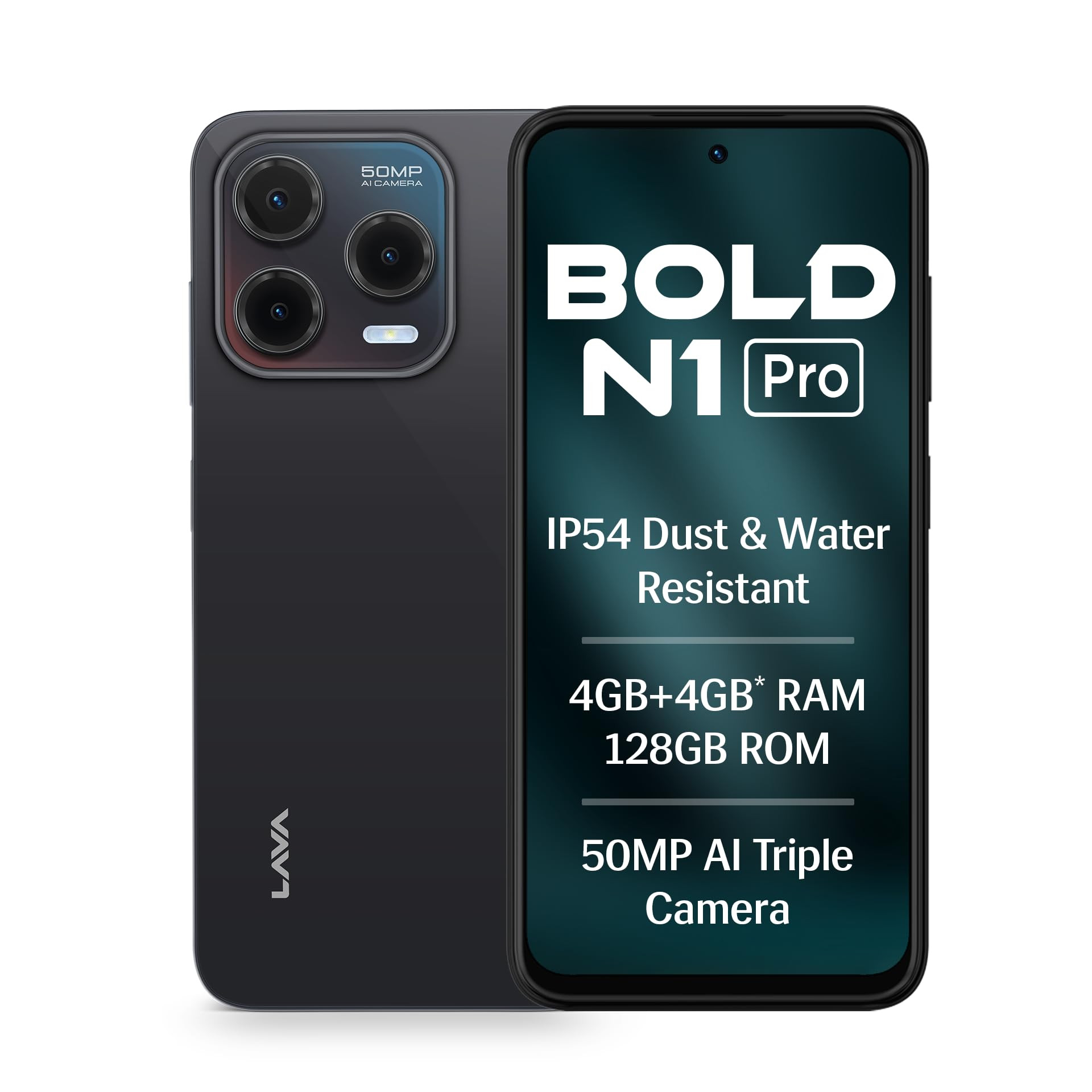 Lava Bold N1 Pro Stealth Black 4 GB RAM 128 GB Storage Bigger 667 HD IP54 Display  120 Hz Refresh Rate  50 MP AI Triple Rear Camera  8 MP Front Camera 5000 mAh Battery Charger in Box