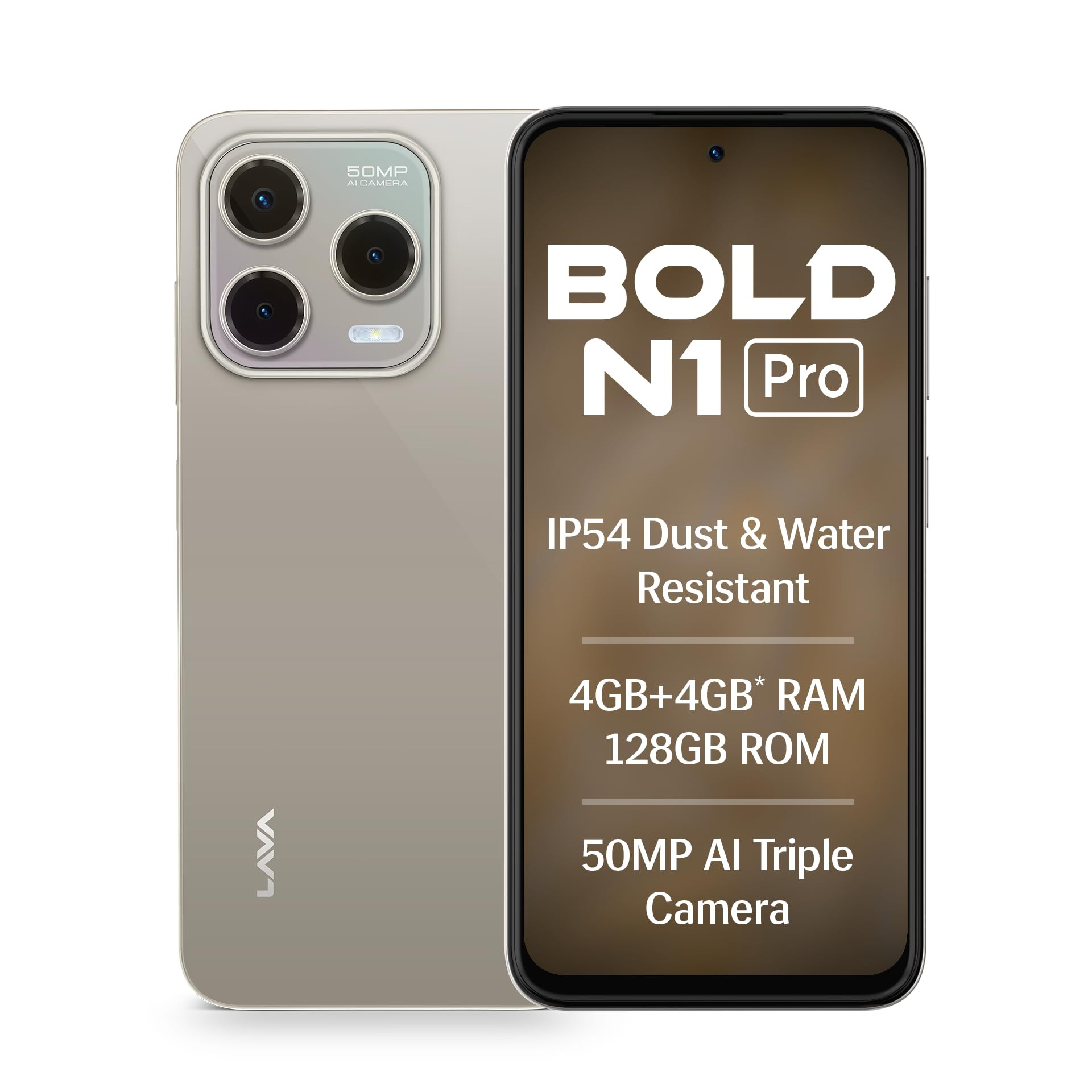 Lava Bold N1 Pro Titanium Gold 4 GB RAM 128 GB Storage Bigger 667 HD IP54 Display  120 Hz Refresh Rate  50 MP AI Triple Rear Camera  8 MP Front Camera 5000 mAh Battery  Charger in Box