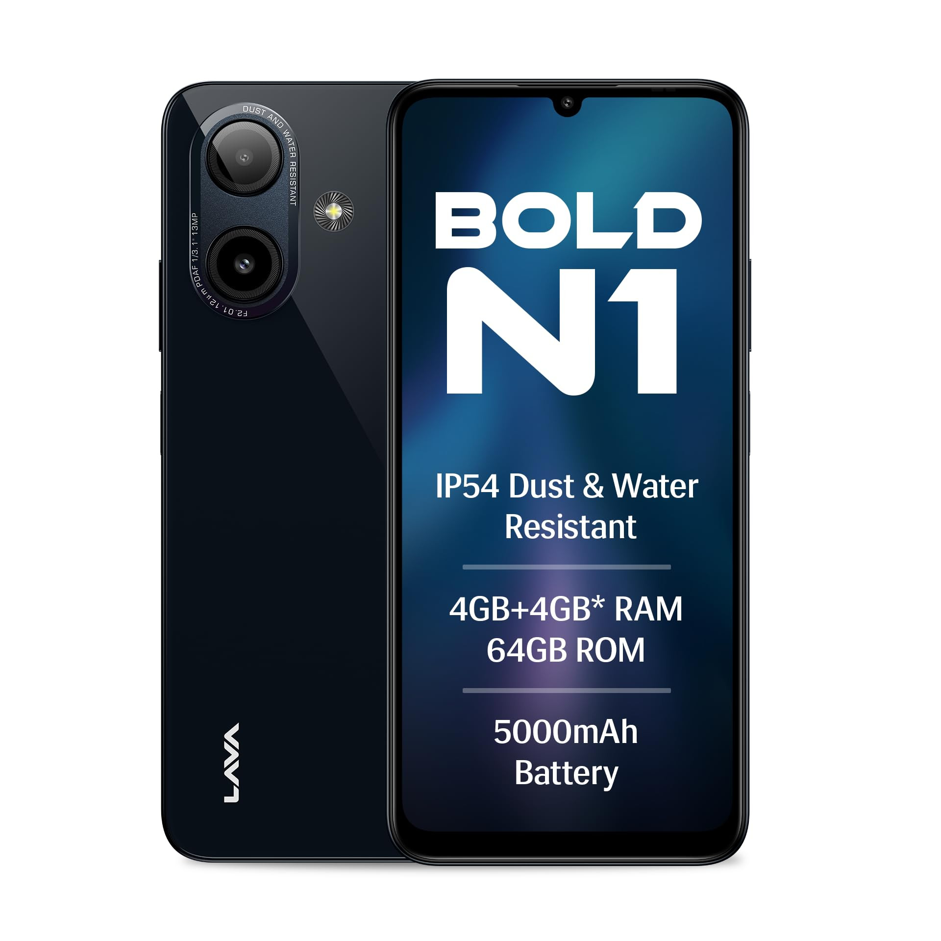 Lava Bold N1 Radiant Black 4 GB RAM 64 GB Storage  675 90 Hz HD Display  13MP AI Dual Rear Camera  5000 mAh Battery  Secure Face Unlock  Fingerprint Reader  Charger  Phone-Case in Box