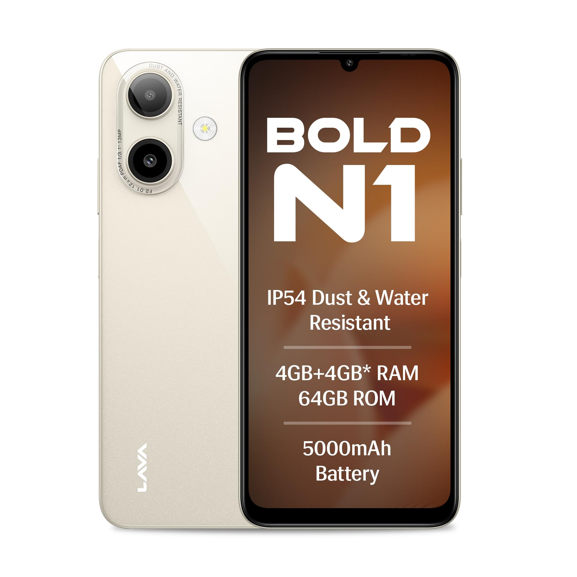 Lava Bold N1 Sparkling Ivory 4 GB RAM 64 GB Storage 675 90 Hz HD Display  13MP AI Dual Rear Camera  5000 mAh Battery  Secure Face Unlock  Fingerprint Reader  Charger  Phone-Case in Box