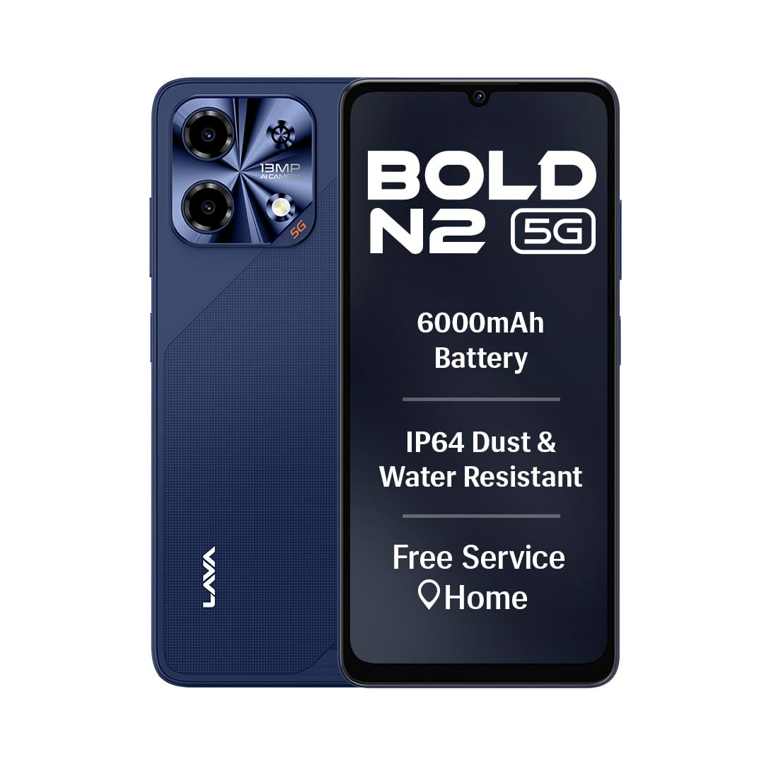 Lava Bold N2 5G Billionaire Blue 4GB RAM 64GB Storage 6000 mAh Super Battery Octacore Ultrafast Processor Biggest 675 HD 120Hz Display IP64 Dust Water Resistant Free Service Home