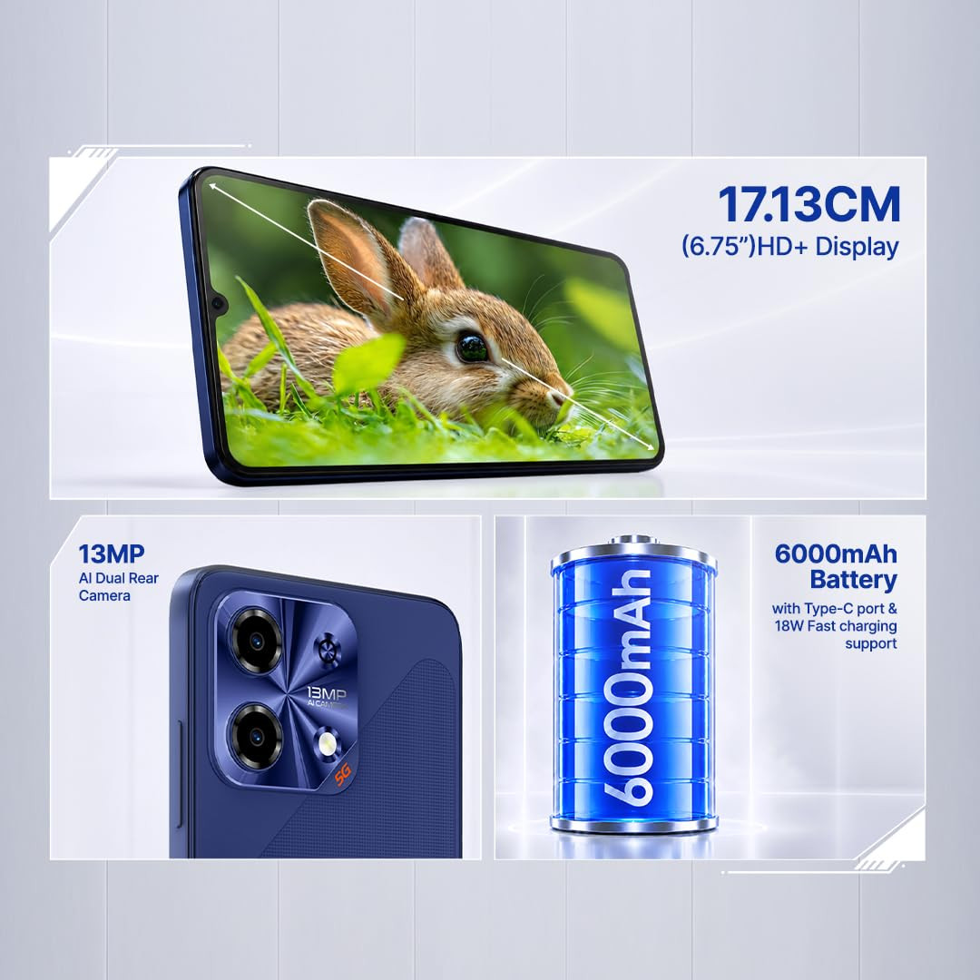Lava Bold N2 5G Billionaire Blue 4GB RAM 64GB Storage  6000 mAh Super Battery  Octacore Ultrafast Processor  Biggest 675 HD 120Hz Display  IP64 Dust  Water Resistant  Free Service  Home