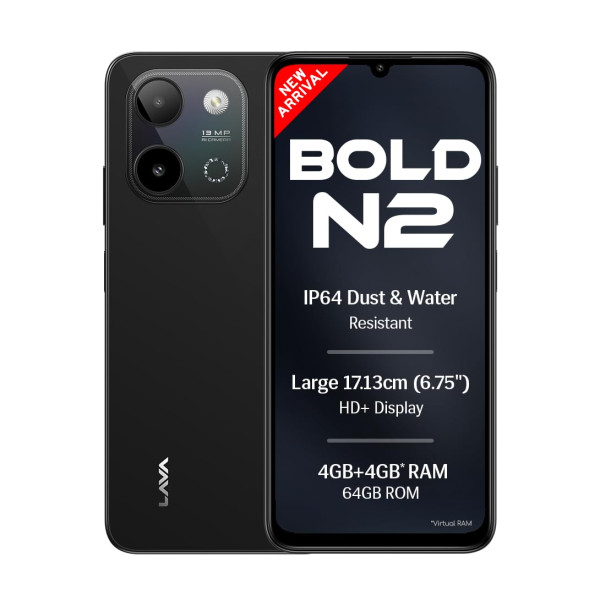Image of Lava Bold N2 (Indus Black, 4 GB RAM, 64 GB Storage) | 13MP AI Dual Rear Camera | Largest 6.75" HD+ Display | 5000 mAh Battery &amp; 10W Charging | IP64 Water &amp; Dust Proof | Charger &amp; Phone-Case in Box